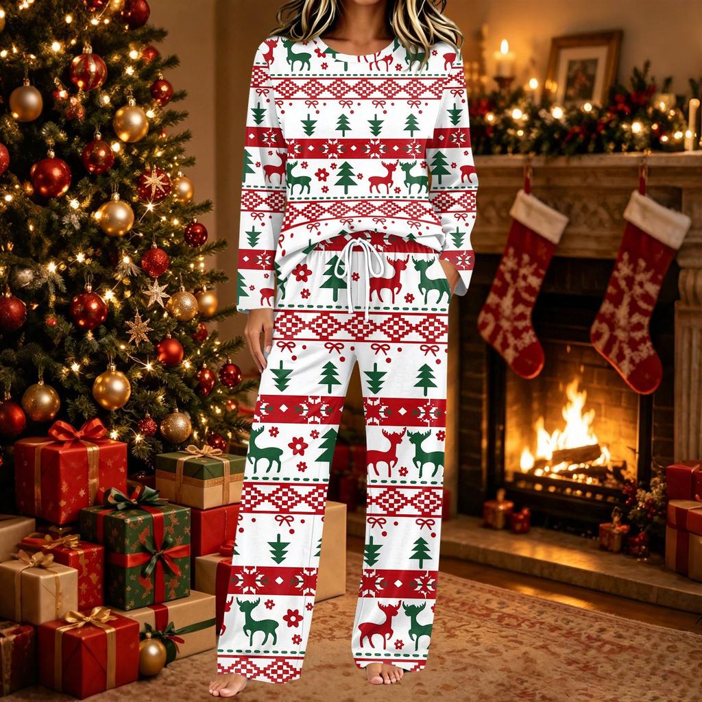 Women's Christmas Print Two Piece Set Long Sleeve Top with Pants Casual Outfit