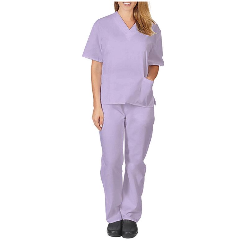 European and American Style Solid Color V-Neck Nursing Uniform Set for Women - Protective Two-Piece with Pockets