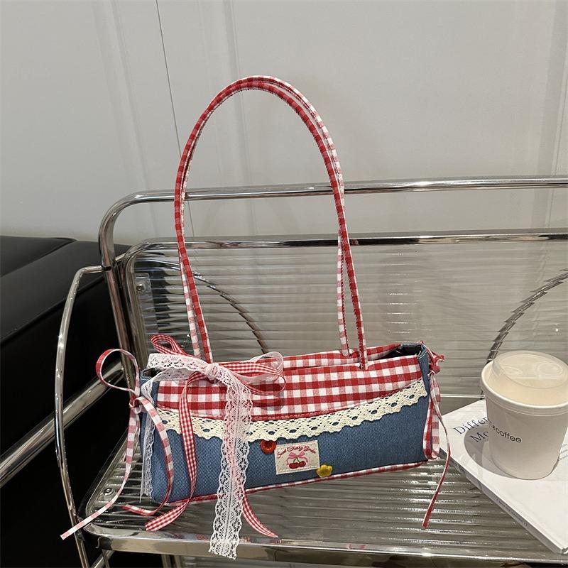New Lace Plaid Versatile Shoulder Cloth Bag Handheld Student Underarm Baguette Women's Large Capacity