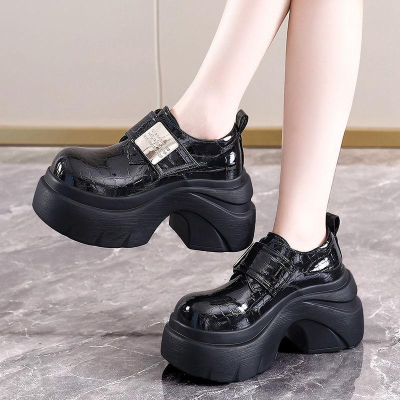 Thick-soled Muffin Small Leather Shoes Women's Autumn New Small Inner Height Increase Velcro Comfortable Single Shoes