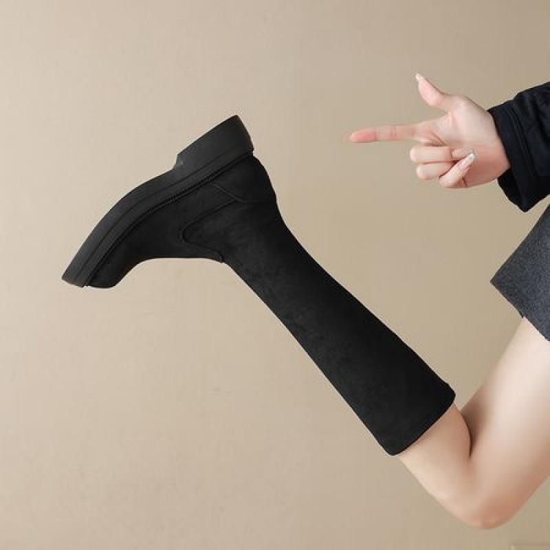 Autumn and winter suede thick-soled non-slip Martin boots comfortable sleeve middle heel round head high boots new square heel women's boots