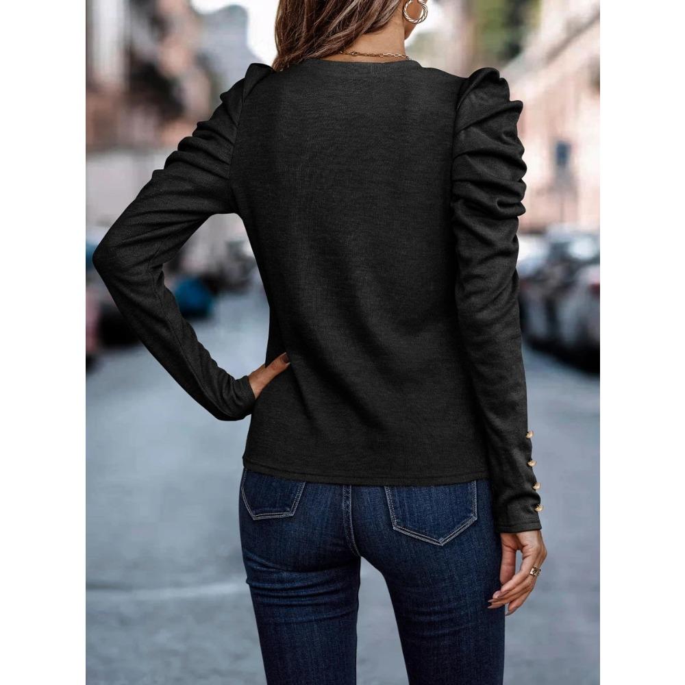 GMXIA Damen Herbst Winter Hochelastischer Kaschmir Rundhals Slim Puffärmel Langarm Oberteil