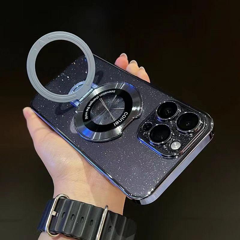 Metal Magnetic Bracket IPhone 16 Mobile Phone Case Suitable for Apple 15Pro Electroplated PC Flash Powder Protective Case Transparent
