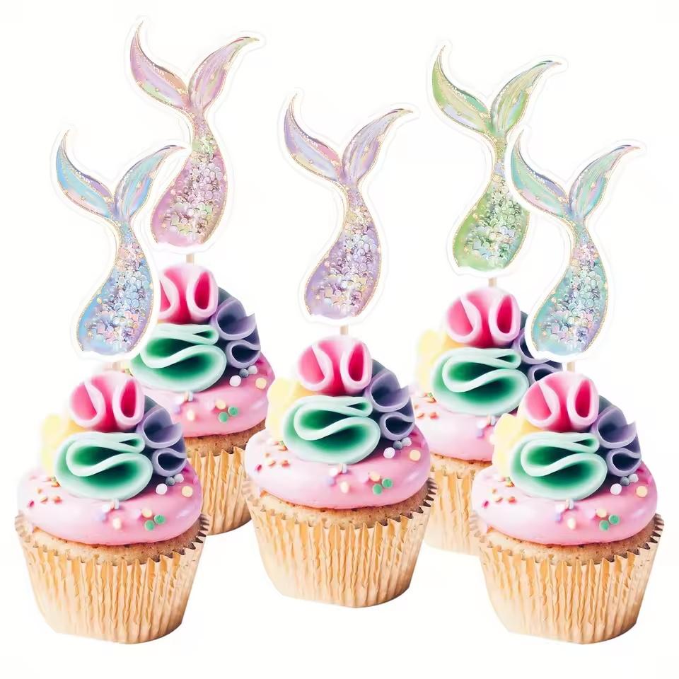20/10Pcs Mermaid Cake Topper Purple Blue Cartoon Mermaid Tail Topper for Mermaid Birthday Celebrating Party DIY Cake Decorations