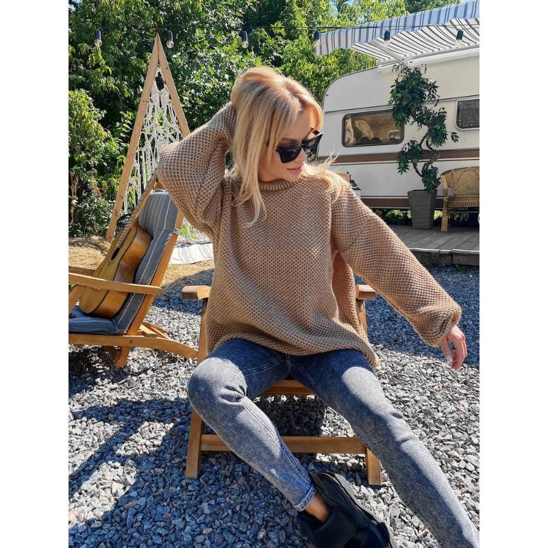 Sweter z okrągłym dekoltem, szydełkowany, gruby, ciepły, damski, z długimi rękawami, dzianinowy, jednolity kolor, luźny, swobodny, podstawowy, koszulowy temperament, dojazd do pracy, jesień, zima