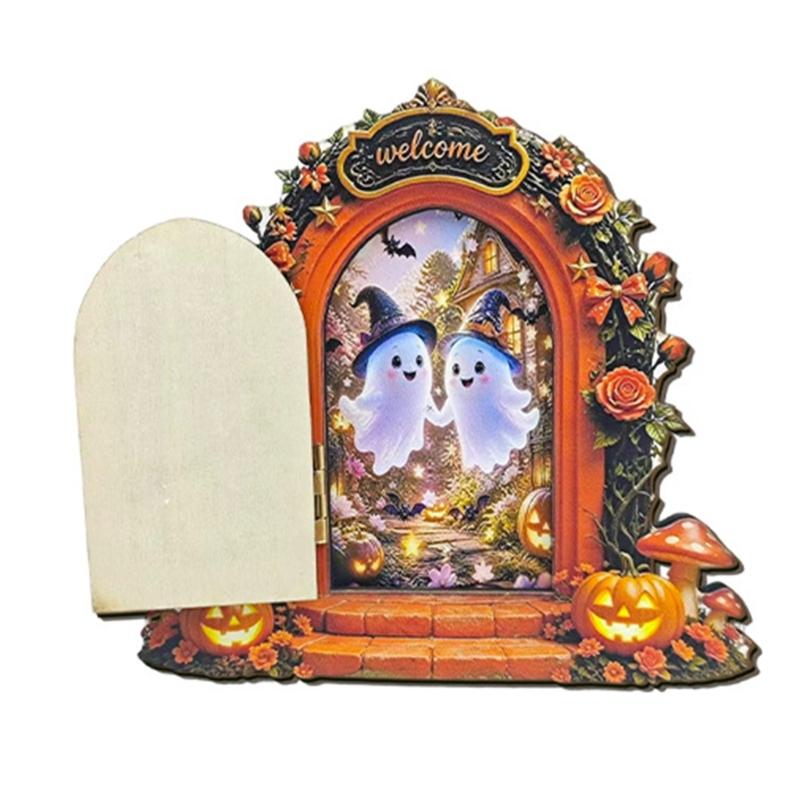 Wooden Indoor Halloween Arched Door Plaque Two Layer Sign with Round Adhesive Mounts for Party Entry Accent Use