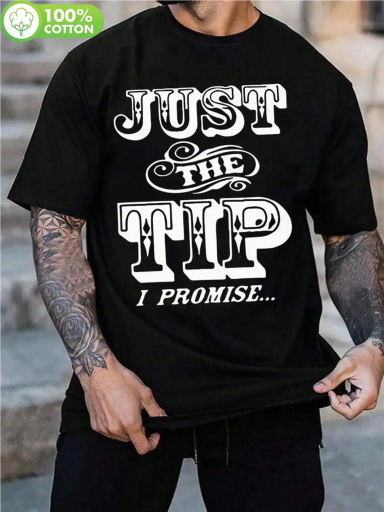 Plus Size "Just The Tip I Promise" Graphic T-shirt - Retro Hipster Style Black Cotton Crewneck with White Print