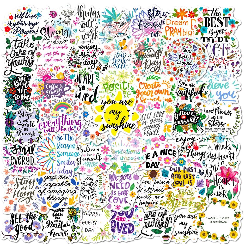 50 Inspirational Text Stickers In English Slogans Colorful Flowers Inspirational English Phrases Doodle Personalized Stickers