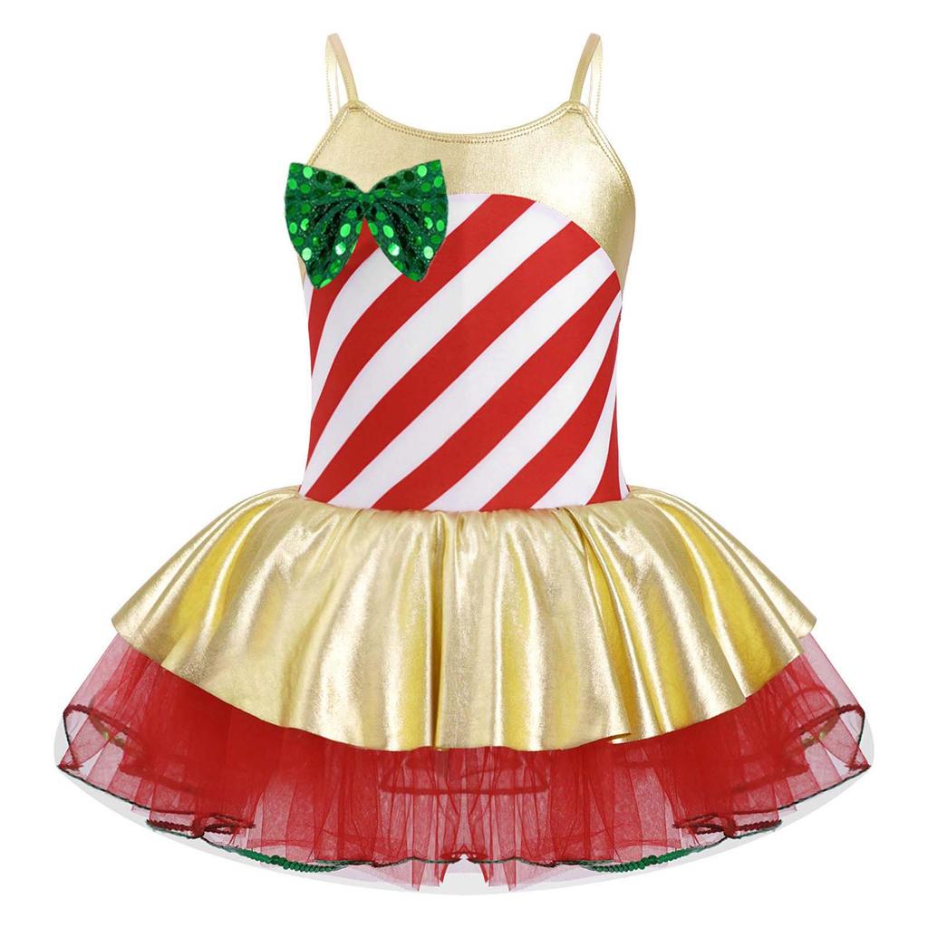 Girls Adjustable Straps Cami Dress Stripes Print Sequins Bowknot Mesh Tutu Dress Dance Jumpsuit Costume