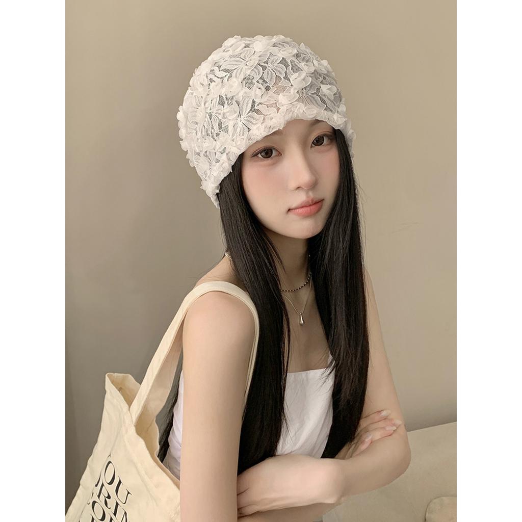 Women's Korean Minimalist Design 3D Flower Lace White Slouchy Hat Summer Hollow Breathable Thin Head-Wrapping Hat