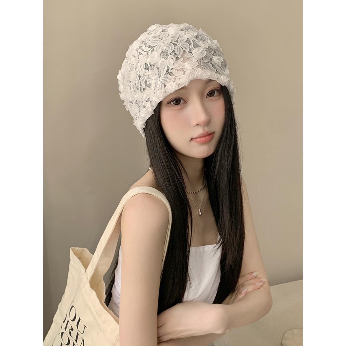 

Women s Korean Minimalist Design 3D Flower Lace White Slouchy Hat Summer Hollow Breathable Thin Head-Wrapping Hat one size білий