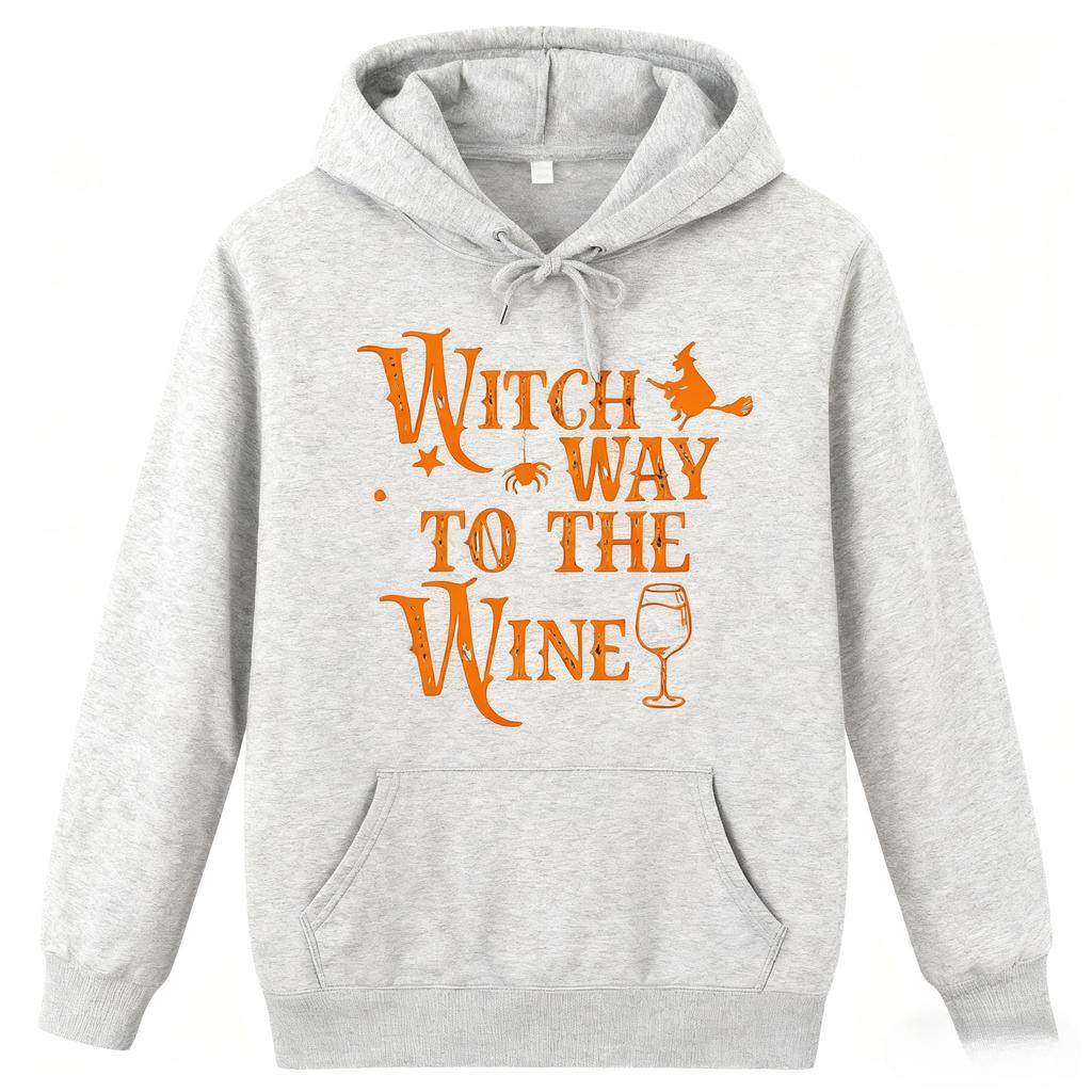 2025 Humorous Halloween Wordplay Print Sweatshirt, Witch Way To the Wine Hoodie, Spooky Fun Top for Adults Winter