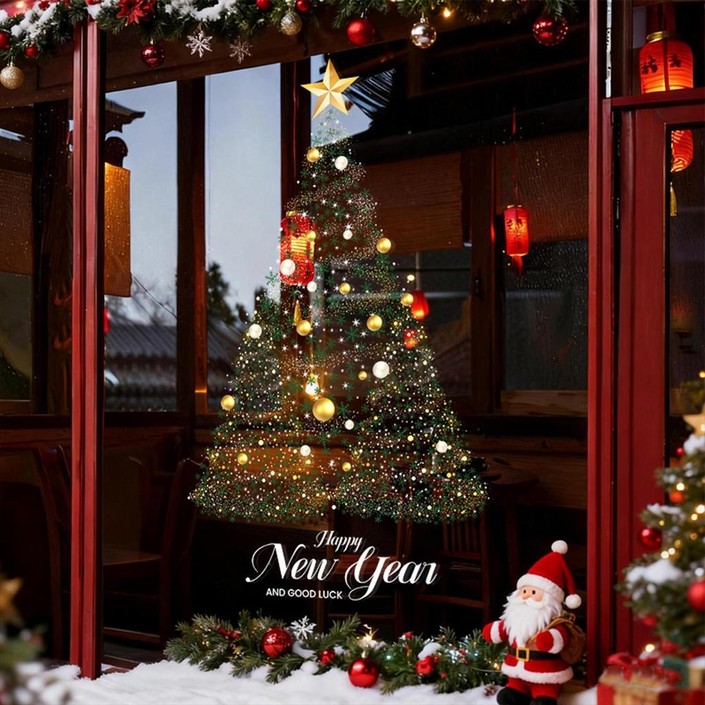 Merry Christmas Window Sticker Xmas Tree Pattern Mall Glass Window Display Electrostatic Sticker Xmas Ornament