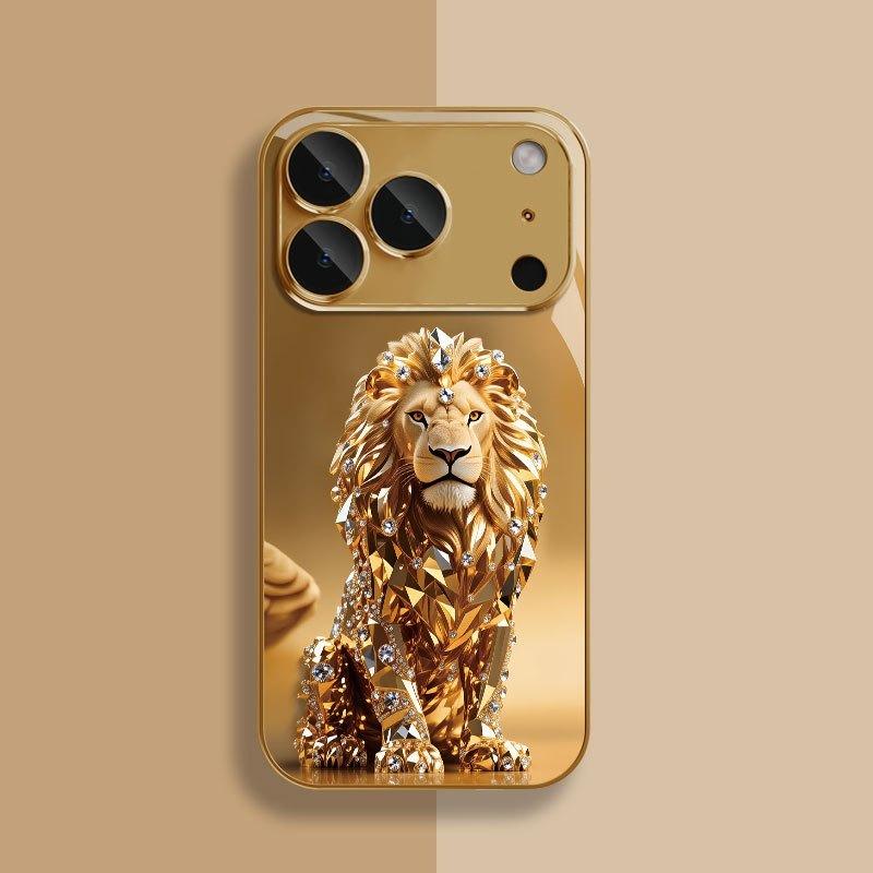 Funda de Cristal para Teléfono con Patrón de León Dorado Pintura Metálica Dorada para iPhone 17 11 12 13 14 15 16 Pro Max 15 Plus 17Air 16E Cubierta