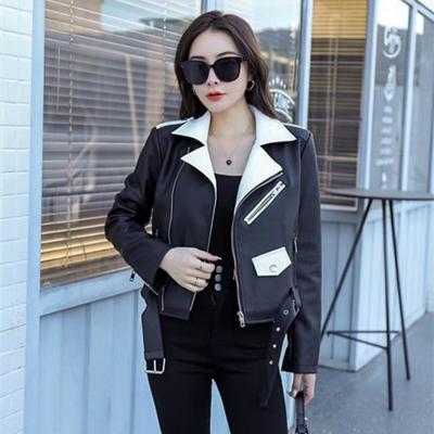 Spring Design Niche Zipper Black PU Leather Long-sleeved Jacket Motorcycle Short Small Coat Top for Women