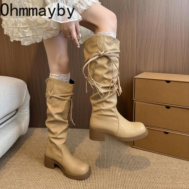 Vinter Vintage Tofs Dam Knähöga Stövlar Koncisa Fyrkantiga Klackar Skor Damer Plisserade Riddar Långa Stövletter