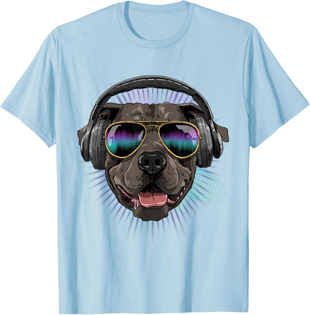 Music Pit Bull DJ Graphic Print Men's Cotton Crew Neck T-Shirt Summer Trip Tee