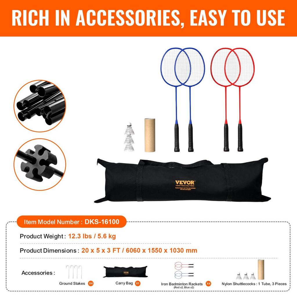 Badminton Net, Height Adjustable Volleyball Net, 20ft Wide Foldable Pickleball Net, Portable Tennis Net Set with Poles, Stand, Bag, Rackets, Nylon