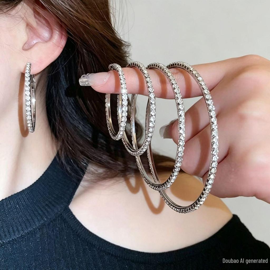 Exquisite Diamond-Studded Round Hoop Earrings: Silver Needle, European & American Fashion