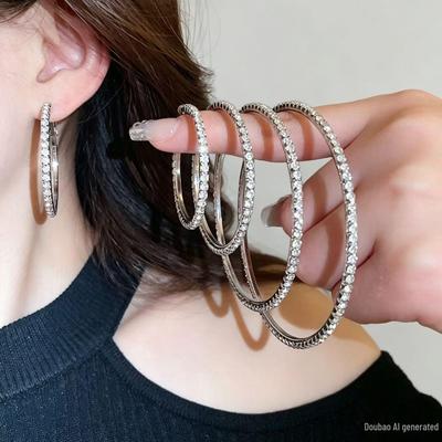Exquisite Diamond-Studded Round Hoop Earrings: Silver Needle, European & American Fashion