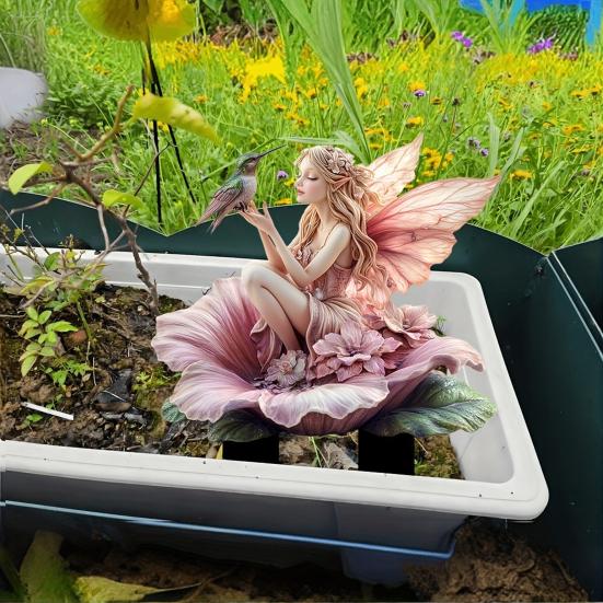 Flower Fairy Garden Stake, 2D Acrylic Fairy Decoration, Flower Fairy Hummingbird Yard Art Stake, Waterproof Outdoor Decor for Lawn Flower Bed