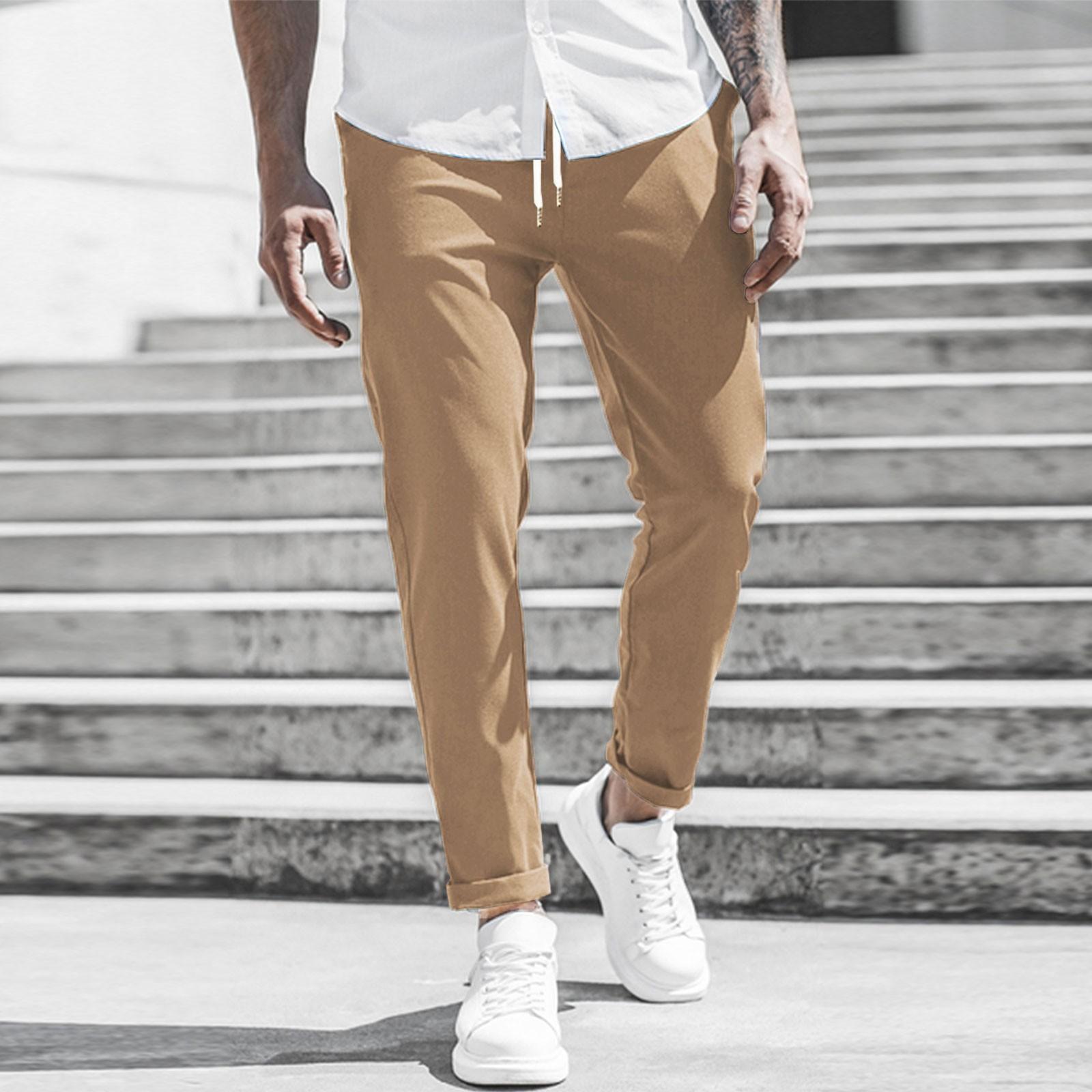 

Men s Casual Fashion Nine-point Pants Solid Color Casual Pocket Pants S хаки