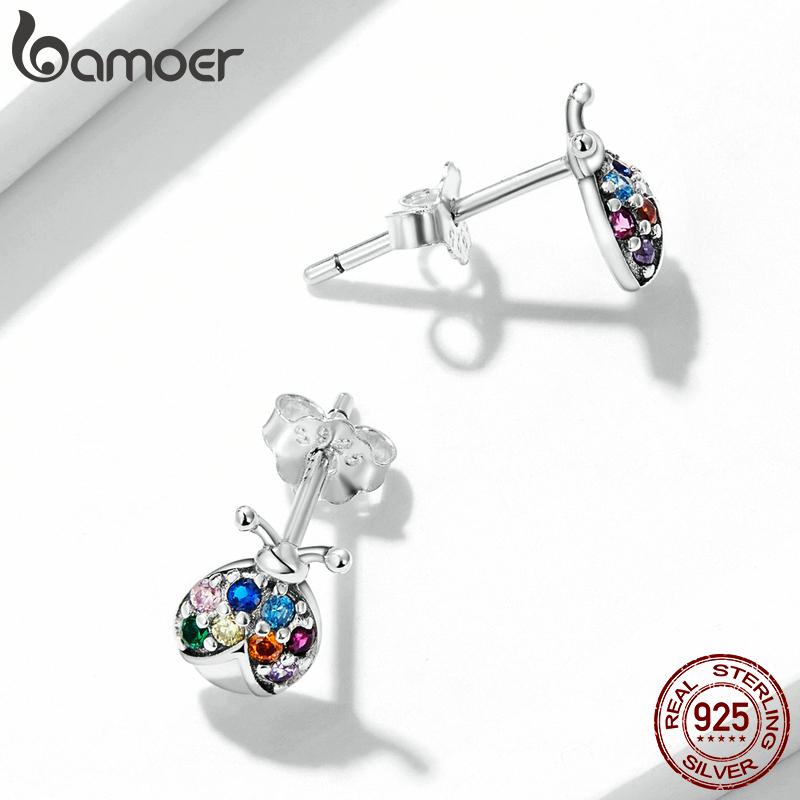 BAMOER 925 Sterling Silver kolorowy cyrkon mały chrząszcz stadniny kolczyki dla kobiet Fine Jewelry