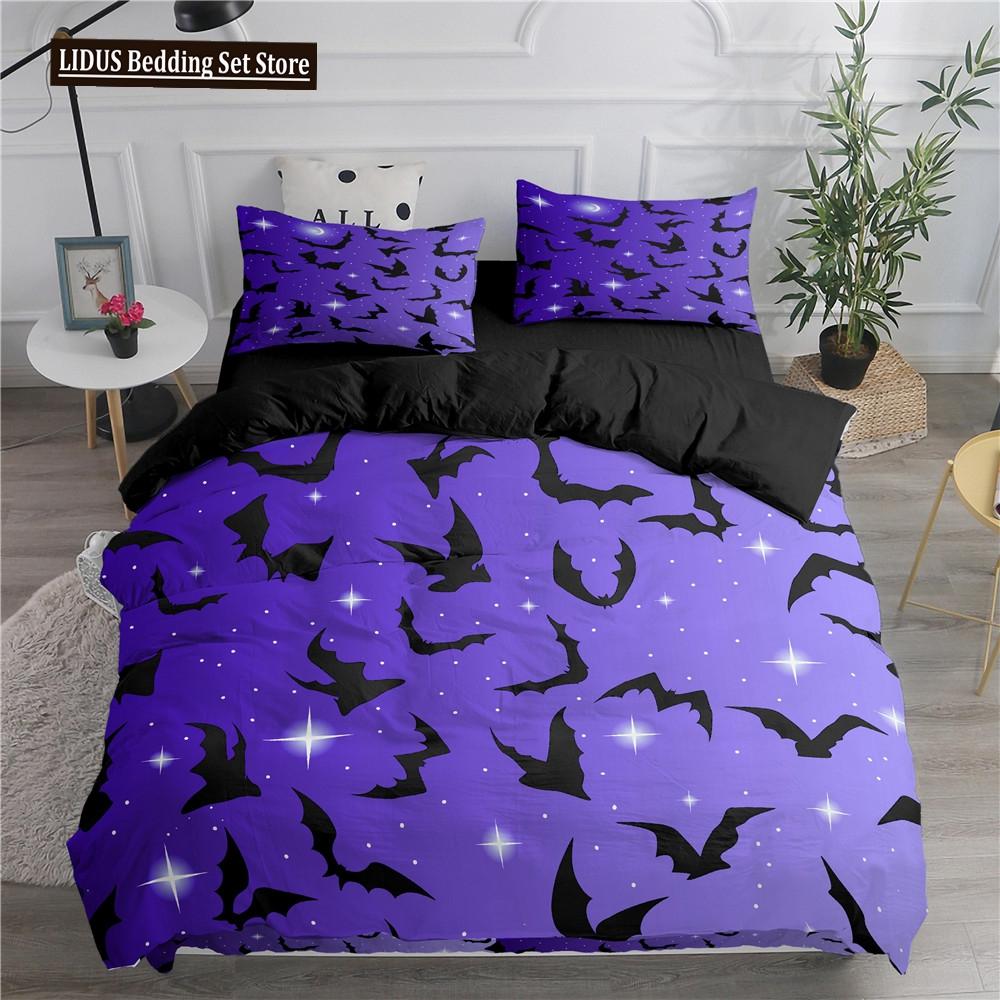 Halloween Duvet Cover Set Flying Vampire Bedding Set Bats Witchcraft Magic Polyester Comforter Cover King Size For Boys Girls