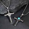Vnox Stainless Steel Pentagram Turquoise Cross Pendant Necklace with Box Chain, Unique Vintage Religious Jewelry Gifts for Men
