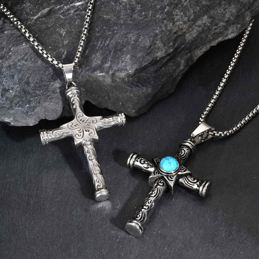 Vnox Stainless Steel Pentagram Turquoise Cross Pendant Necklace with Box Chain, Unique Vintage Religious Jewelry Gifts for Men