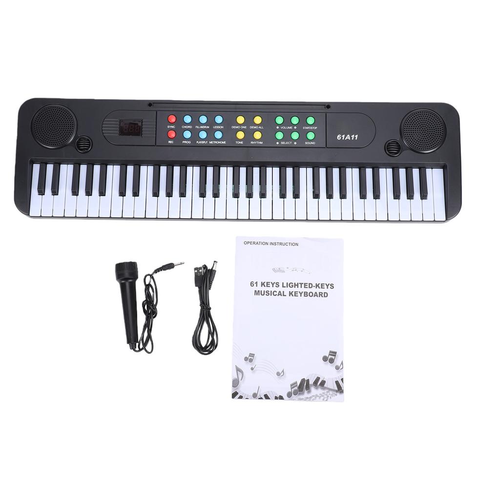 Teclado Eletrônico de 61 Teclas Piano Portátil 200 Timbres 200 Ritmos com Microfone Metrônomo Modo de Ensino para Iniciantes Casa