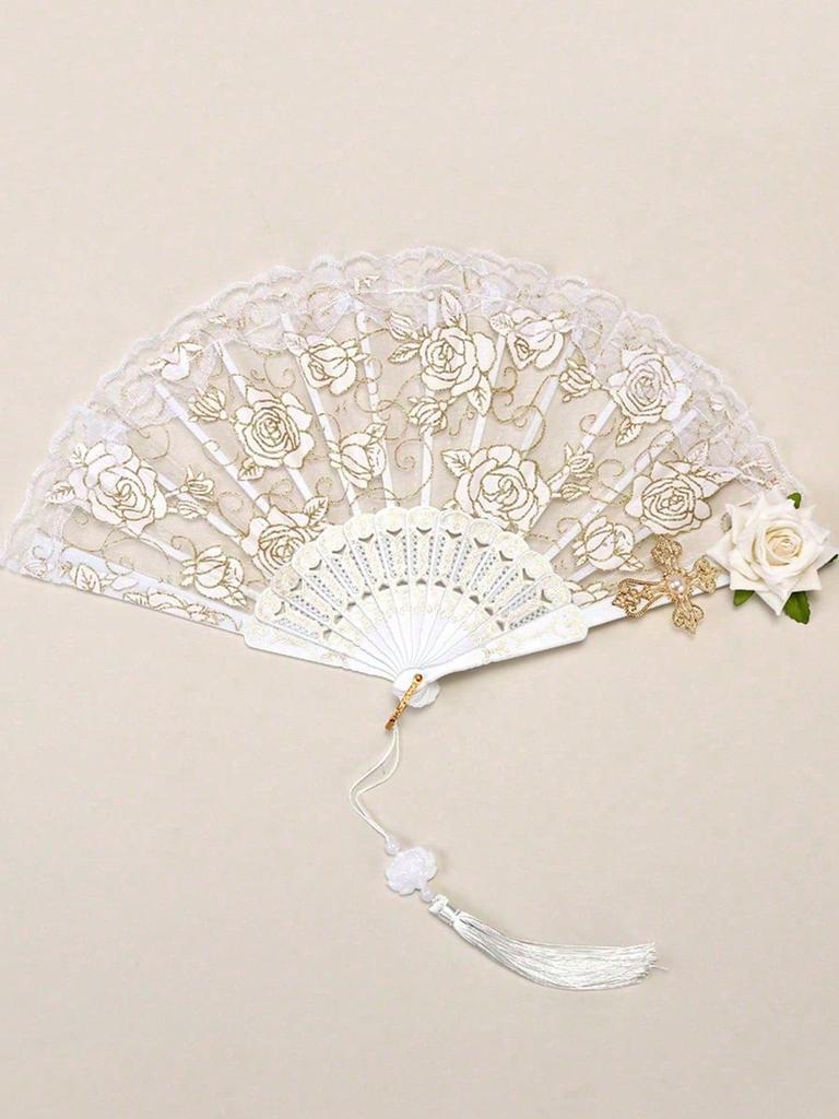 Vintage spanischer Faltfächer, Flamenco-Rosen-Spitzendekor, eleganter schwarzer Damen-Handfächer, geeignet für Damenpartys und Hochzeiten