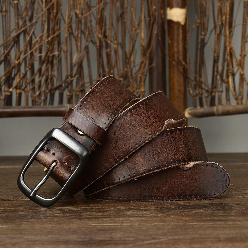 Washed Trendy Retro Old Pleated Belt Men'S Genuine Leather First Layer Cowhide Casual Jeans Belt Women'S