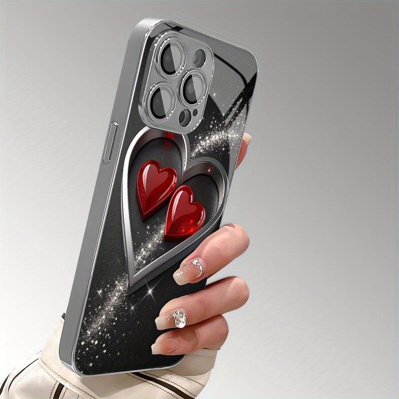Cute Love Heart Print Tempered Glass Electroplated Phone Case For iPhone 17 16 15 14 13 12 11 Pro Max 14 Plus 16E 17 Air Cover