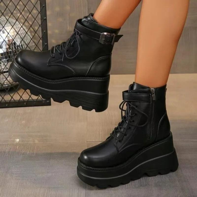 New Style Luxury Black Wedges Ankle Boots Women's Gothic Shoes Designer Round Toe Platform Lace-up Belt Buckle Side Zipper Boots