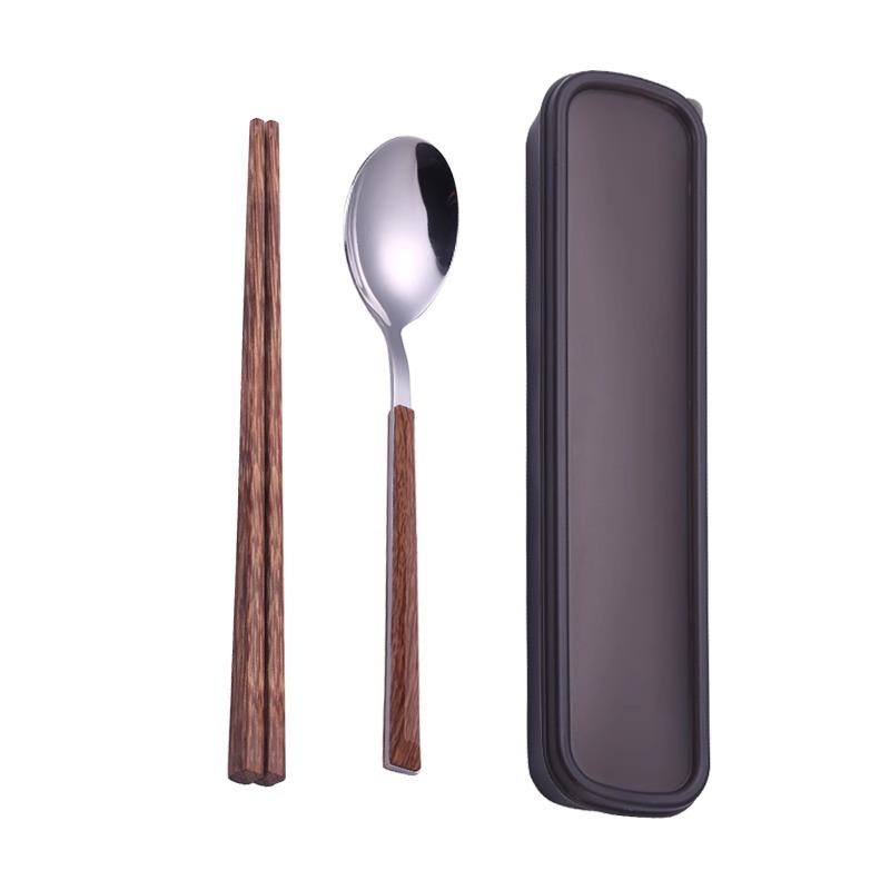 Stainless Steel Portable Tableware Wooden Chopsticks Spoon Fork Set Student Outdoor Picnic Convenience Box Three-piece Set