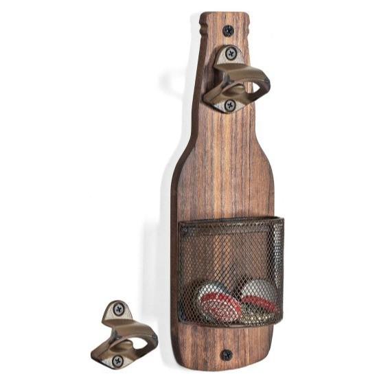 Wooden Wall Mounted Beer Opener With Cap Catcher For Bar Kitchen Decor