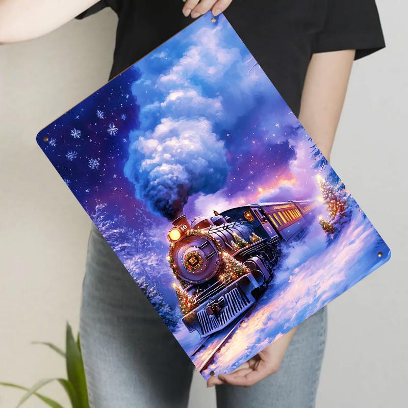 Christmas Steam Train Snow Scene Metal Wall Art Holiday Decor Home Decoration Gift