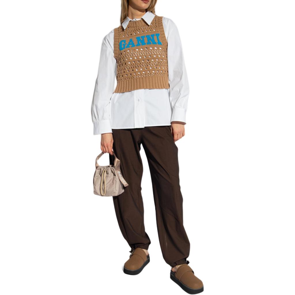 Ganni Ss24 Logo Ribbed Crochet Round Neck Knitted Vest Women vest Tiger-Eye K2166177