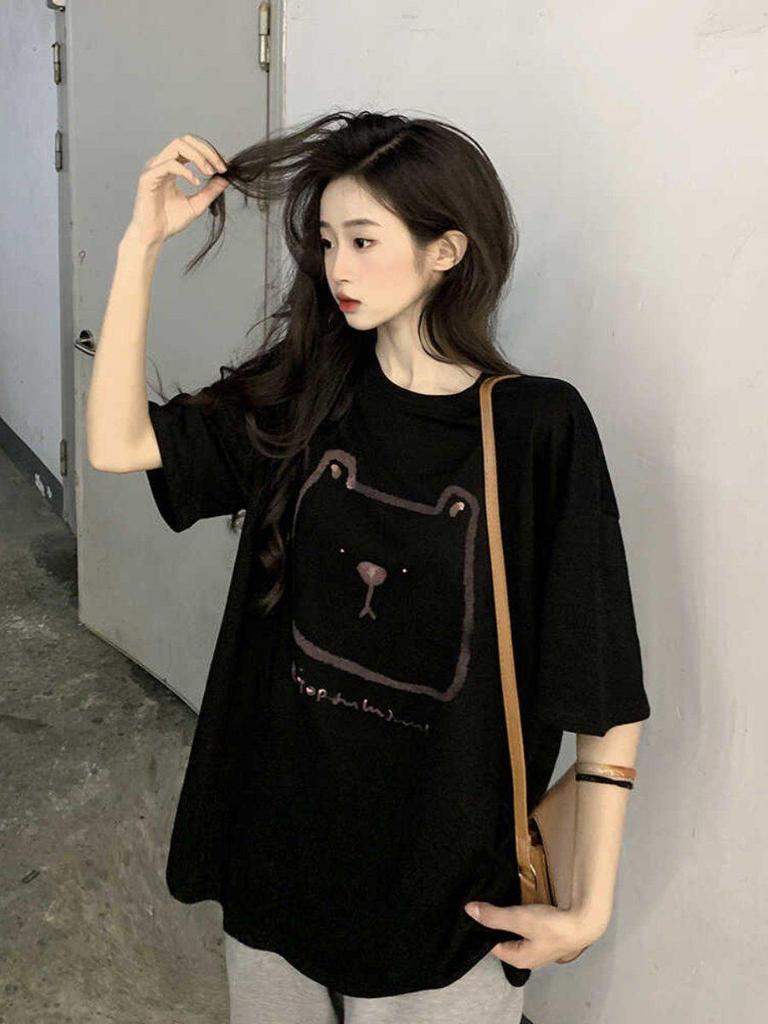 Plus Size Bear Print Mid-length Pure Cotton Short Sleeve T-shirt for Women