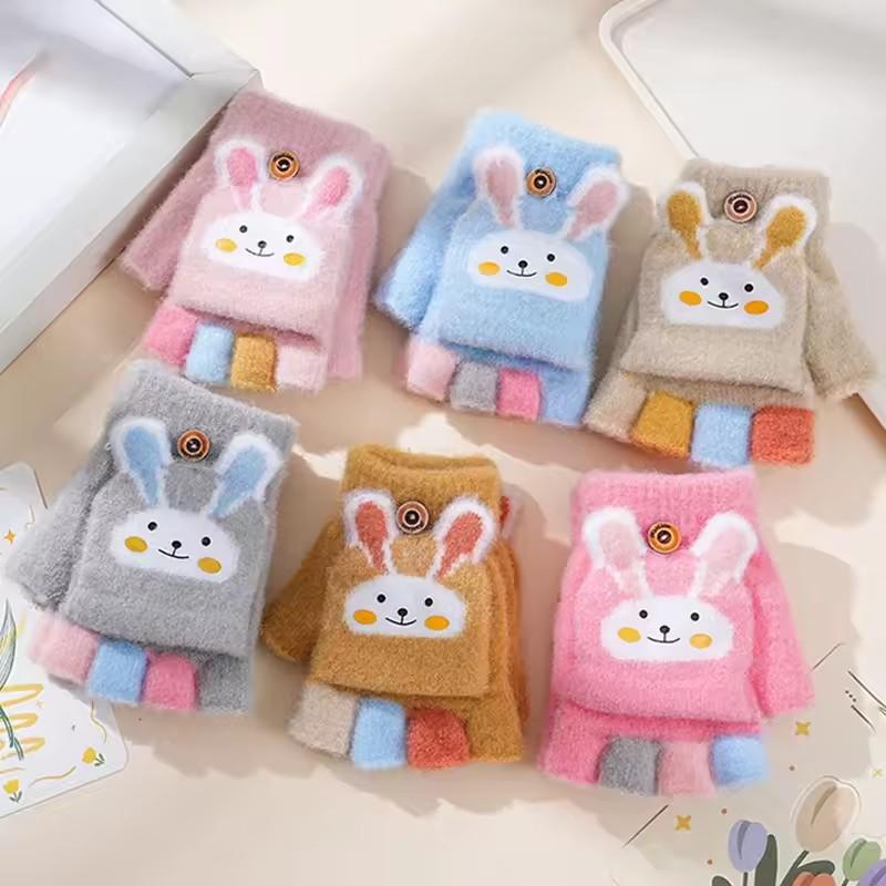 Kid's Warm Thick Flip Half Finger Gloves Boys Girls Winter Warm Gloves Cartoon Cute Rabbit Gloves Daily Crawling Outing Gloves