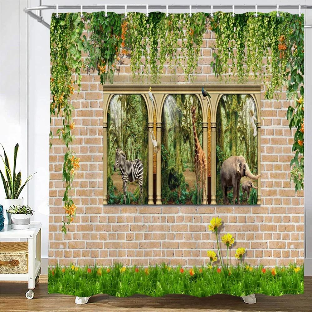 Retro Old Brick Wall Plant Printing Fabric Waterproof Shower Curtain Bathroom Curtains Bathtub Decor Bath Screen with 12 Hooks