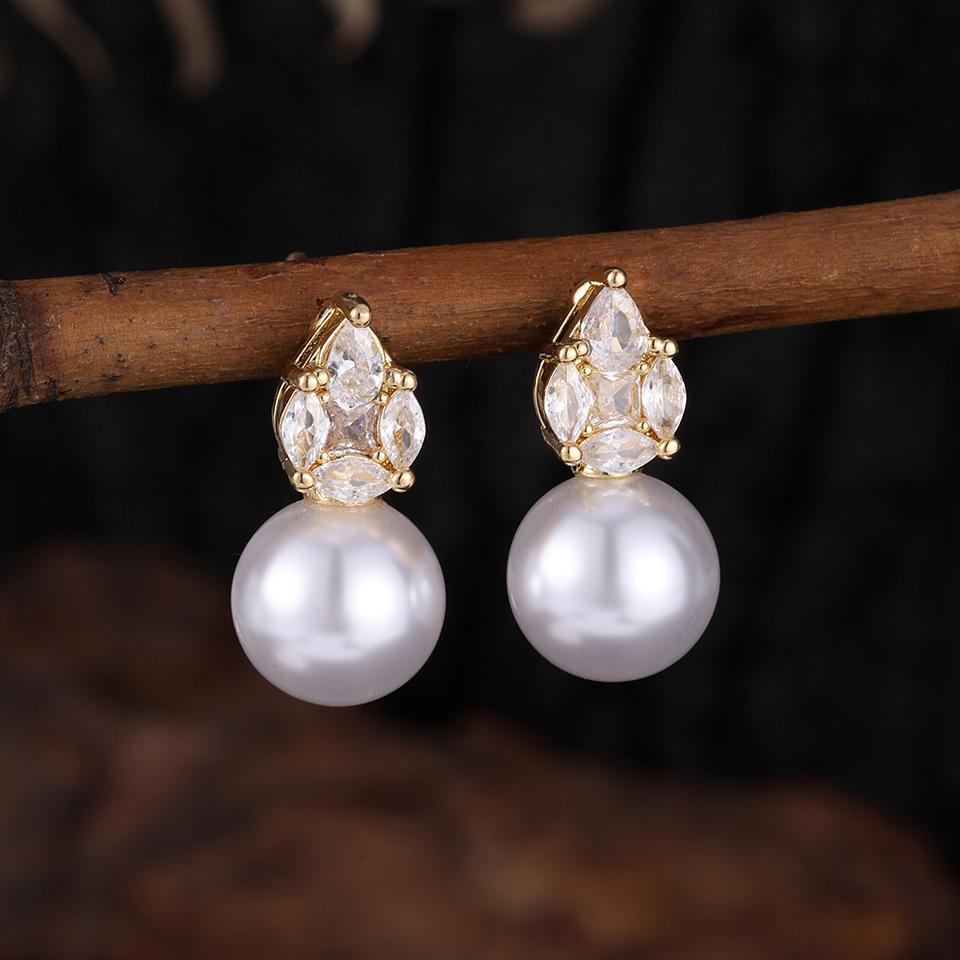 ZAKOL Fashion Water Drop CZ Zircon Imitation Pearl Stud Earrings For Women Elegant Wedding Party Bridal Jewelry