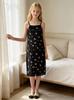 Mädchen Sommer Spaghettiträgerkleider, Weiches Schwarz-Blumenmuster Camisole-Kleid für Kinder 13-16 Jahre