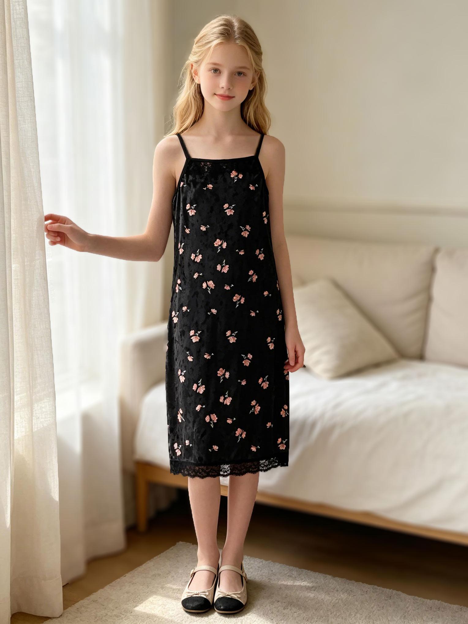 

Girls Summer Spaghetti Strap Dresses, Soft Floral Printed Black Camisole Dress for Kids 13-16 Years 16Y чорний