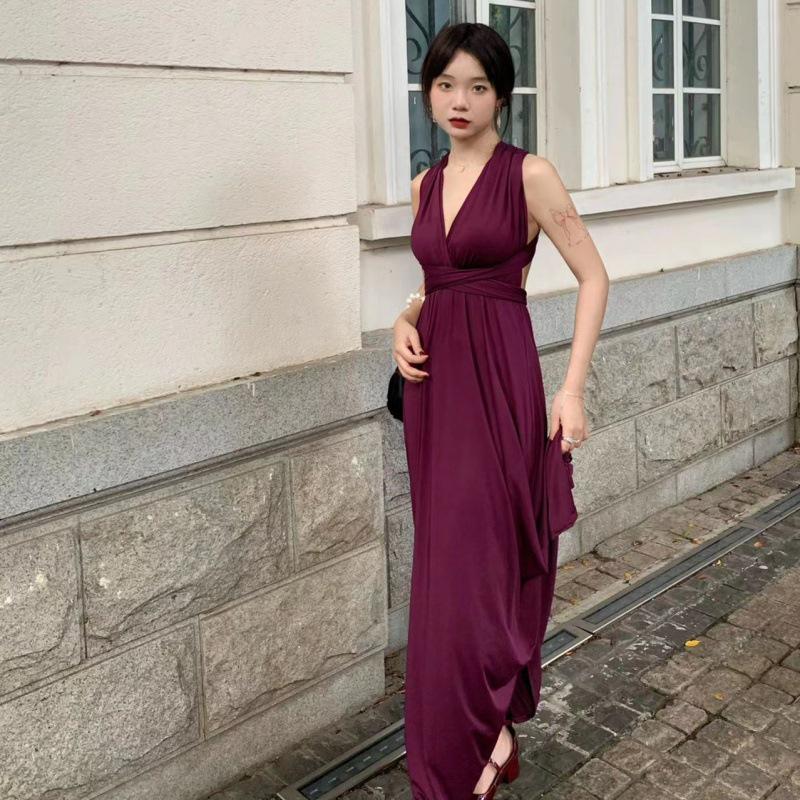 Elegant Purple Backless Halterneck Dress for Birthday Party and Engagement Ceremony