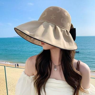 2026 Hut mit großem Schirm Sonnenschutzhut Damen Sommer Visierhut Farbkleber UV-Schutz Schleifenhut Lässiger Strandhut