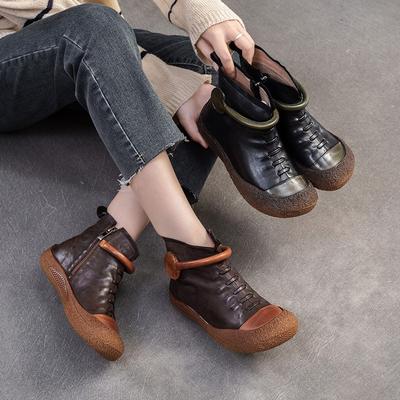 Retro-Kurzstiefel aus echtem Leder für Damen, runde Zehenpartie, weiche Sohle, bequeme flache Stiefel
