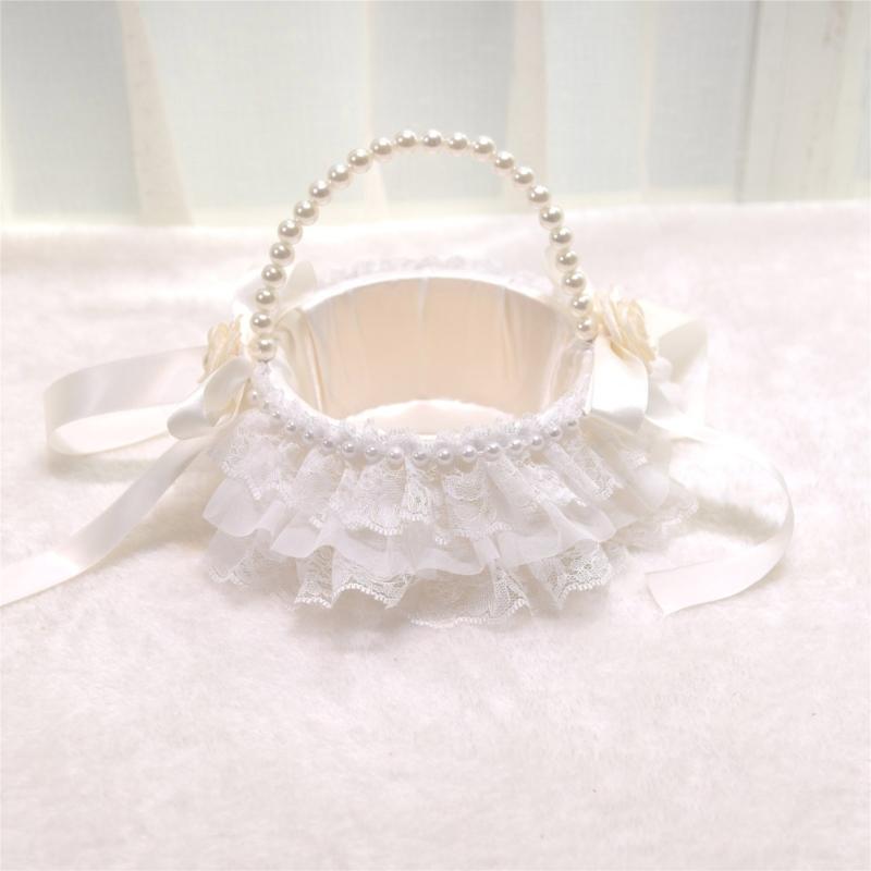 Lace Ruffle Wedding Baskets Bowknot Flower Baskets for Wedding Ceremony Wedding Flower Girl Basket with Pearls Handle