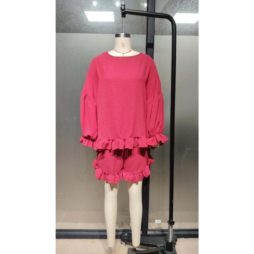 Women's 2pcs Casual Outfit, Lantern Sleeve Loose Top + Ruffle Hem Shorts, Spring Summer Fashion Outfits for Women Europe America Style